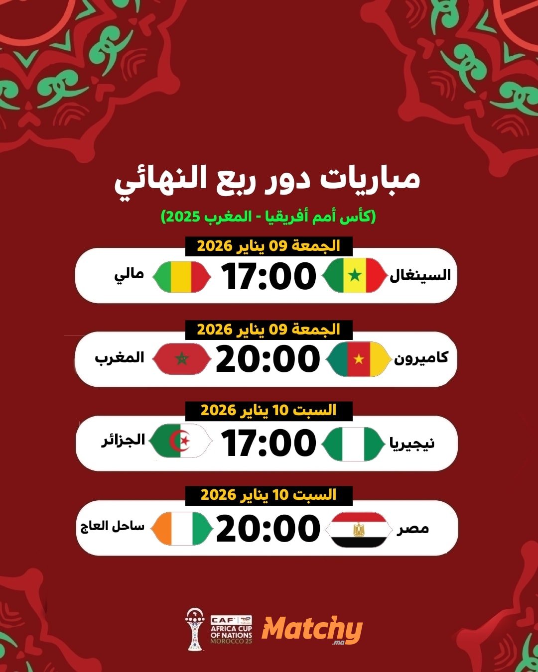 🏆 Quarts de finale CAN 2025 au Maroc : dates, matchs, stades et villes hôtes